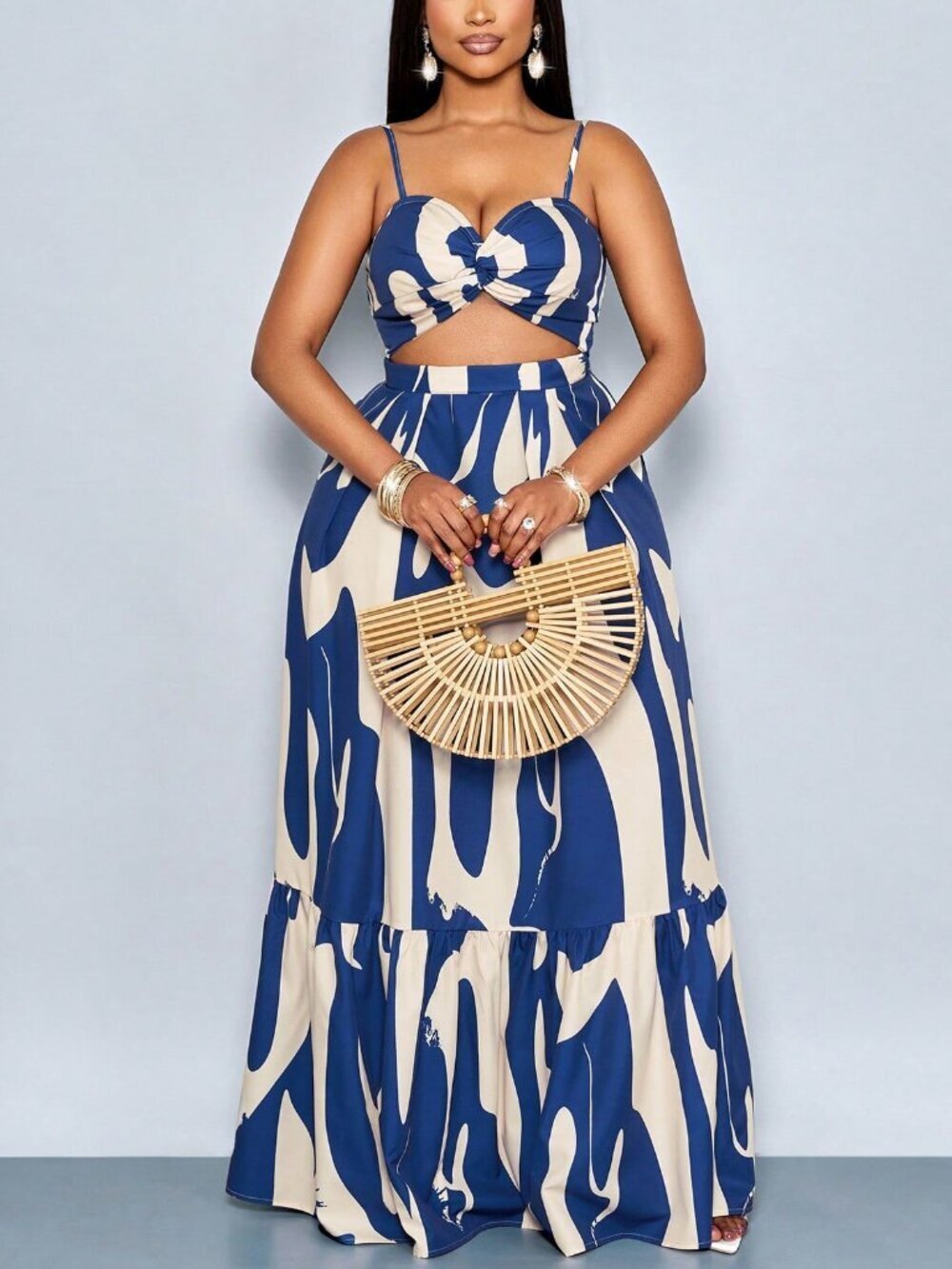 blue Boho Women's Plus Size Elegant Sleeveless Printed Cinched Waist Maxi Dress - Picture 7 of 7